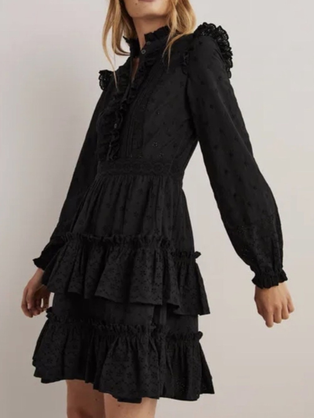 Boden Mixed Broderie Shirt Dress in black. Size 10 Long.